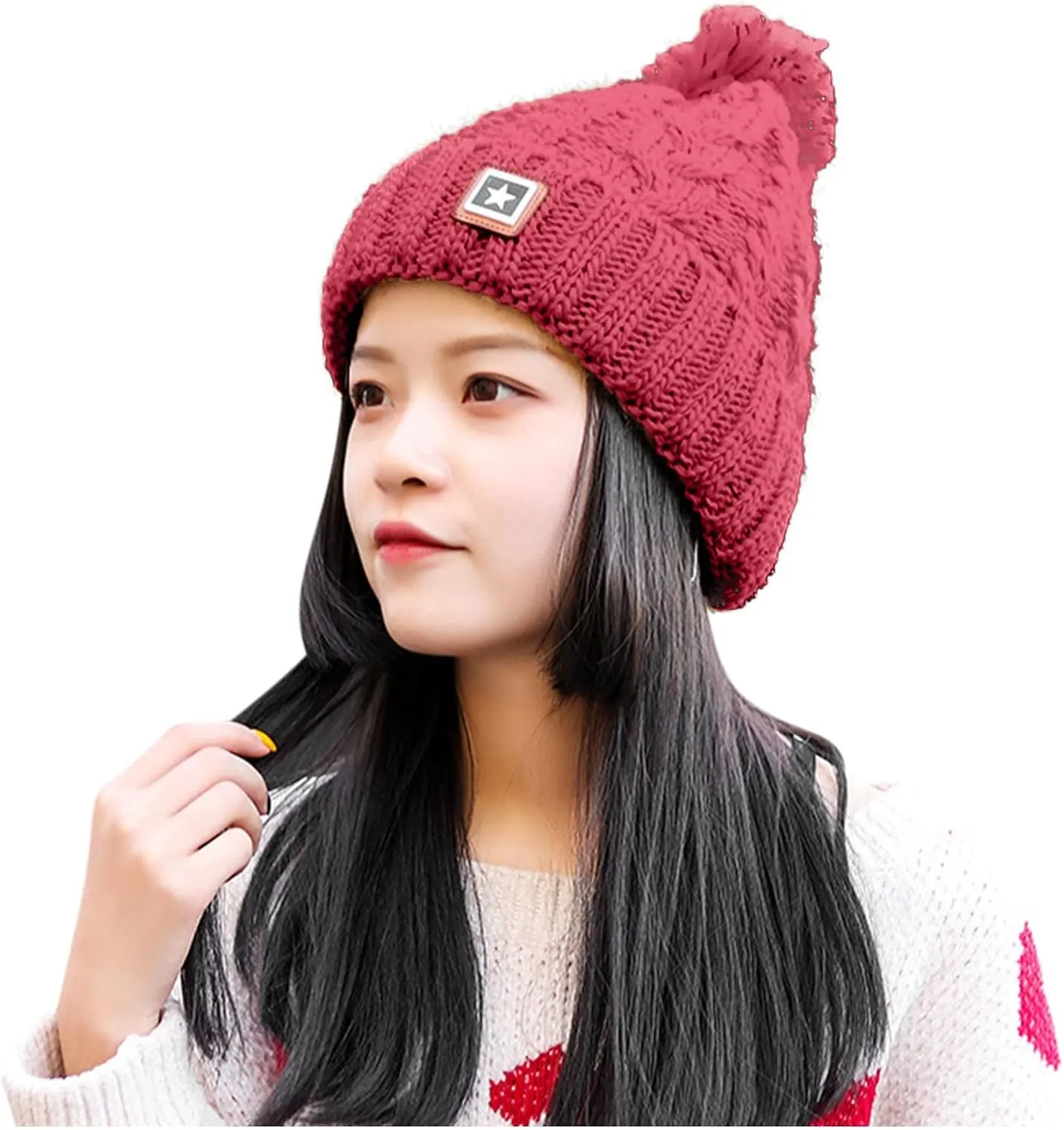 Unisex Winter Pompom Beanie Hat Thermal Lined Warm Hats, Thick Slouchy Snow Ski Knit Crossed Cap for Ladies