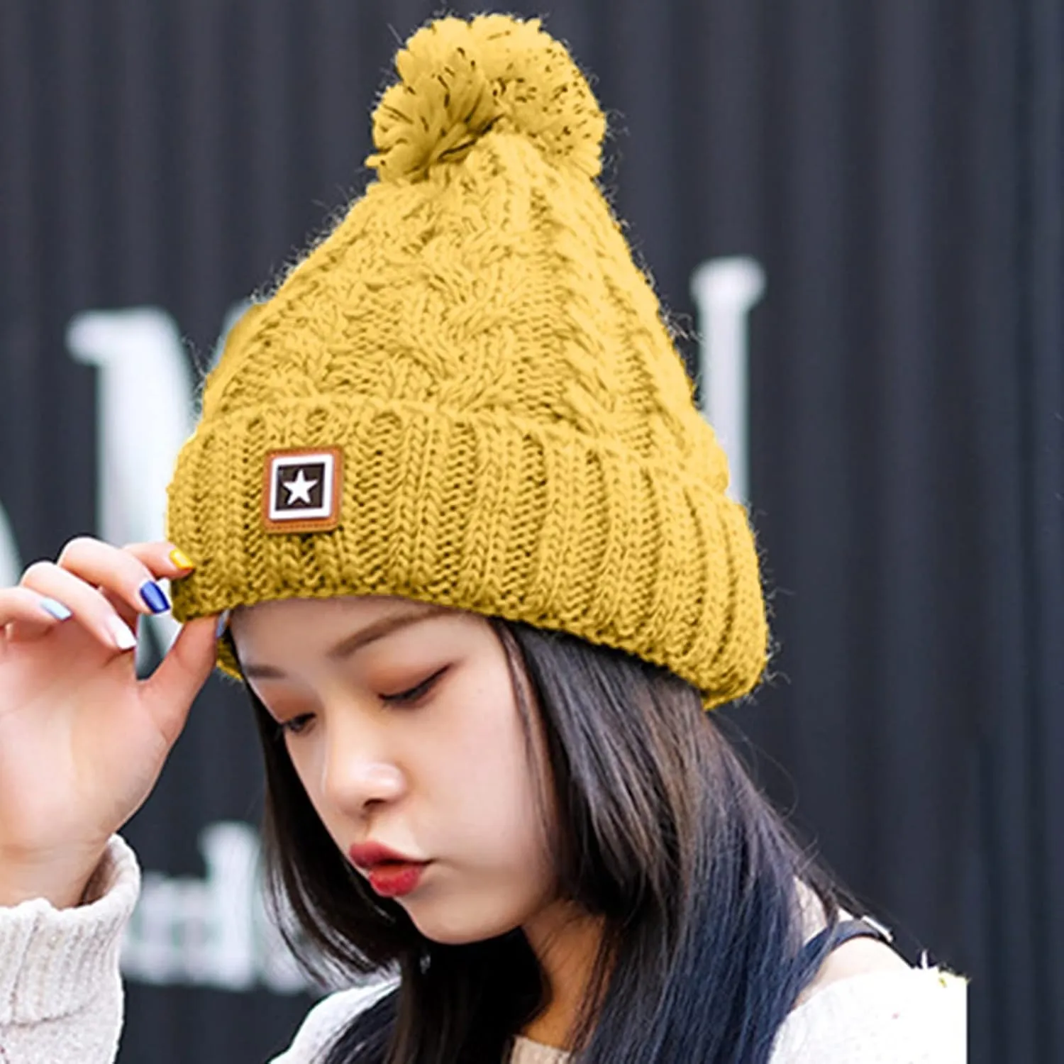 Unisex Winter Pompom Beanie Hat Thermal Lined Warm Hats, Thick Slouchy Snow Ski Knit Crossed Cap for Ladies
