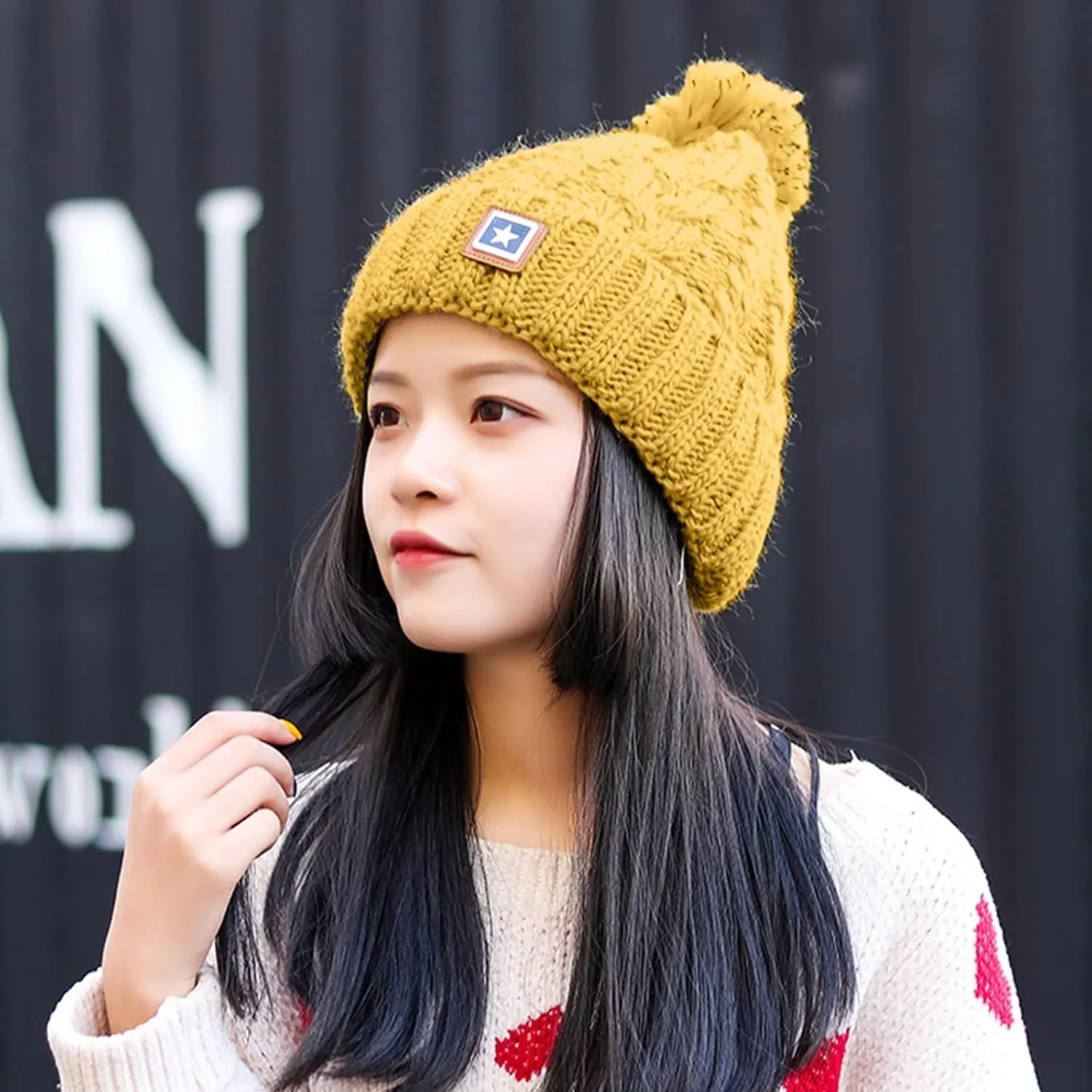 Unisex Winter Pompom Beanie Hat Thermal Lined Warm Hats, Thick Slouchy Snow Ski Knit Crossed Cap for Ladies