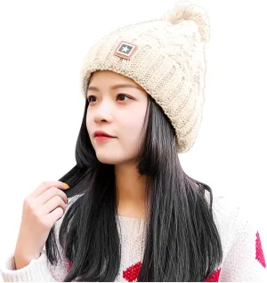 Unisex Winter Pompom Beanie Hat Thermal Lined Warm Hats, Thick Slouchy Snow Ski Knit Crossed Cap for Ladies