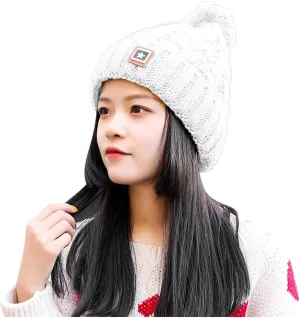 Unisex Winter Pompom Beanie Hat Thermal Lined Warm Hats, Thick Slouchy Snow Ski Knit Crossed Cap for Ladies