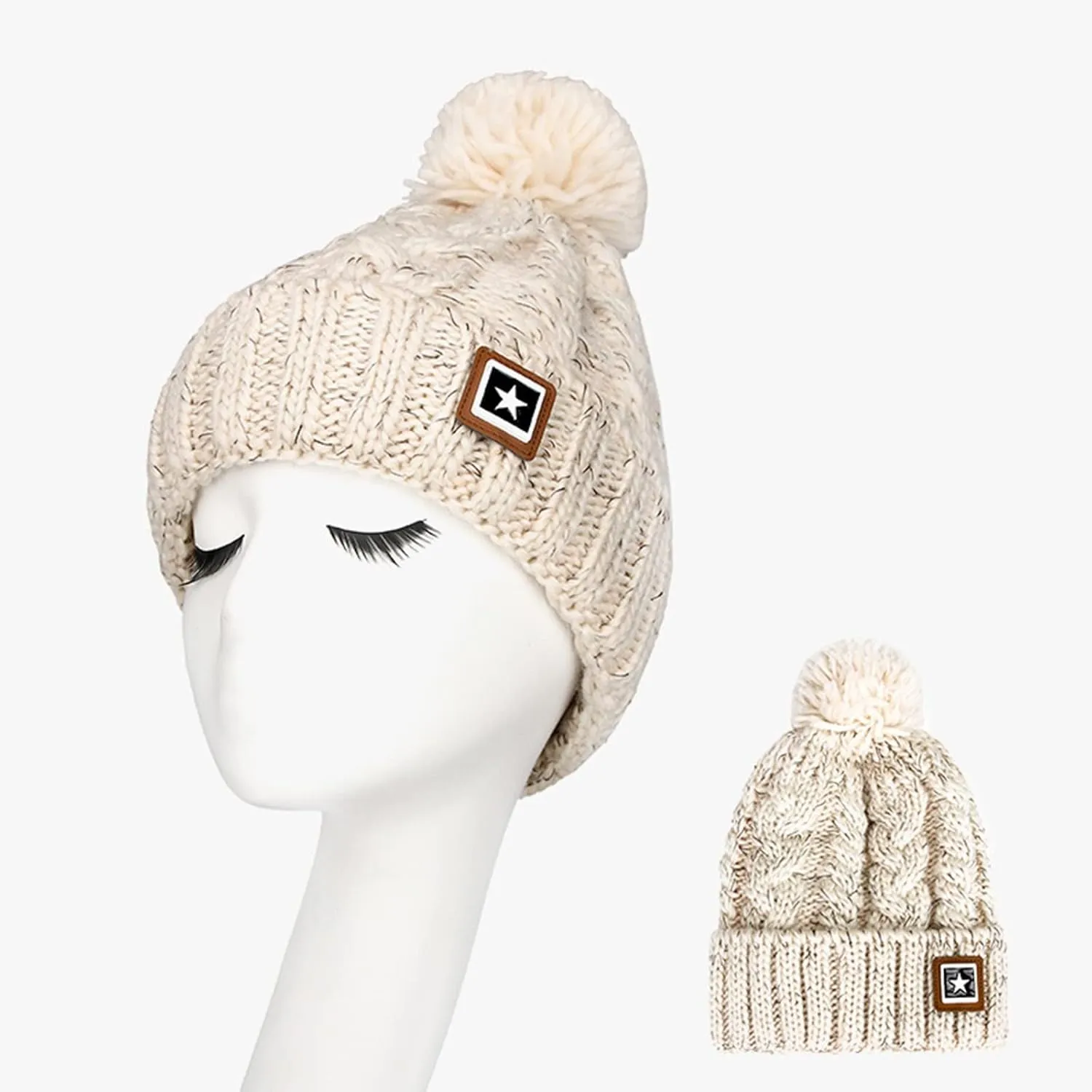 Unisex Winter Pompom Beanie Hat Thermal Lined Warm Hats, Thick Slouchy Snow Ski Knit Crossed Cap for Ladies
