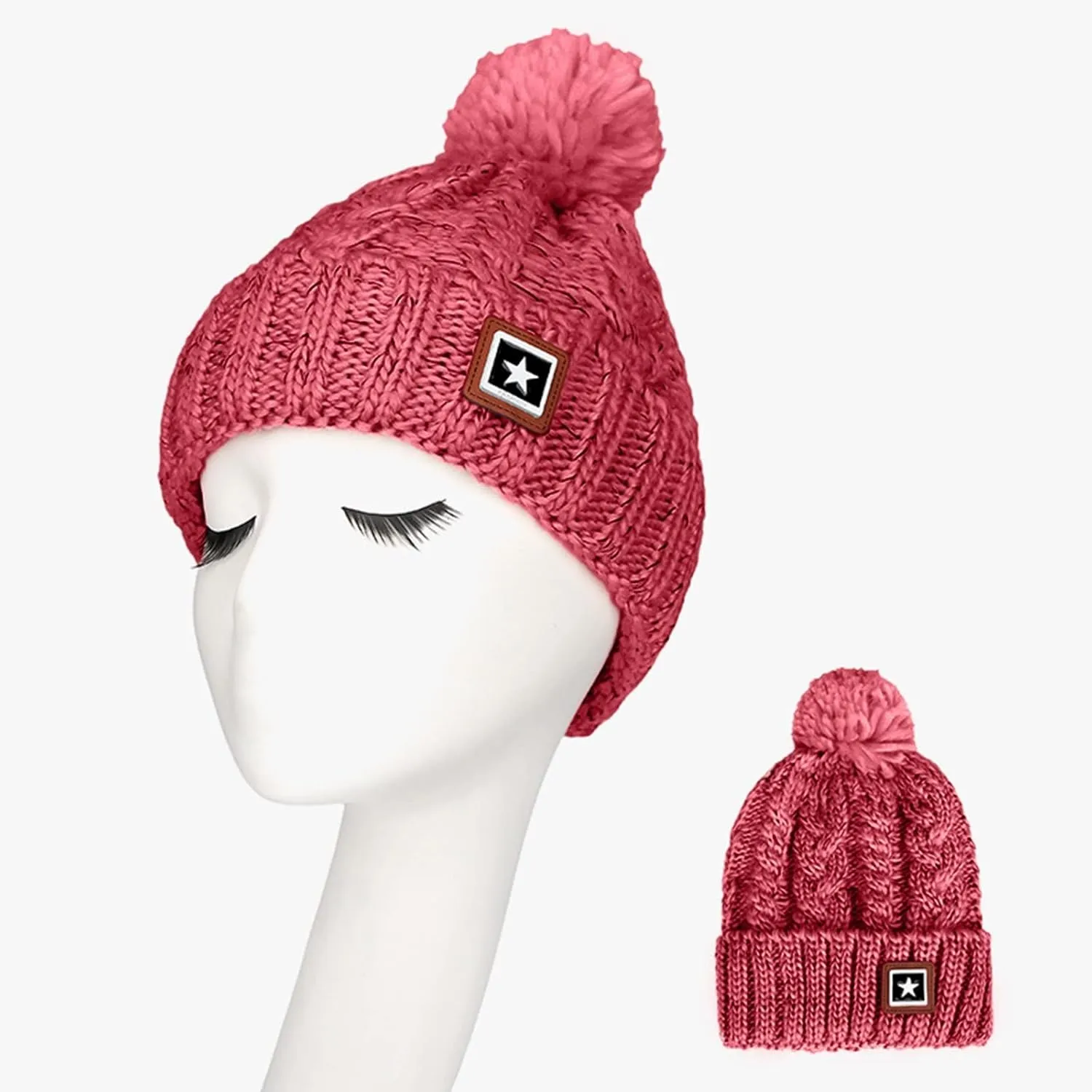 Unisex Winter Pompom Beanie Hat Thermal Lined Warm Hats, Thick Slouchy Snow Ski Knit Crossed Cap for Ladies