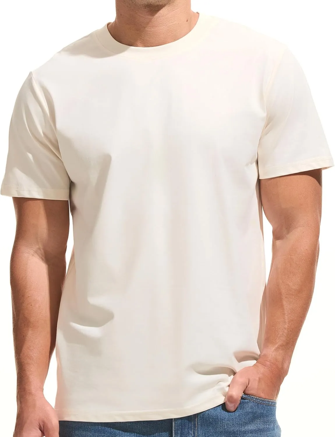 VEIISAR Men's Midweight Crew Neck T-Shirt - 210GSM Soft Cotton Blend, Regular Fit for Cooling Comfort
