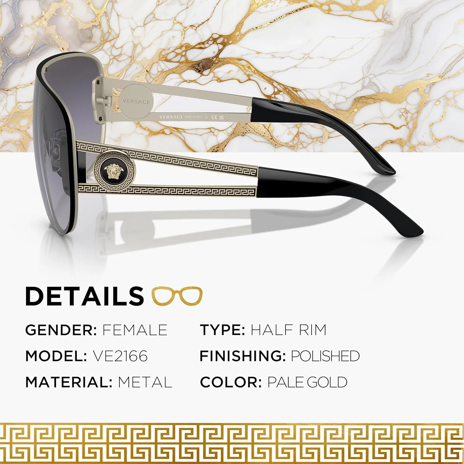 Versace VE2166 Non-Polarized Aviator Sunglasses for Women  Pale Gold Metal Frame with Temples, eShades Eyewear Kit Included