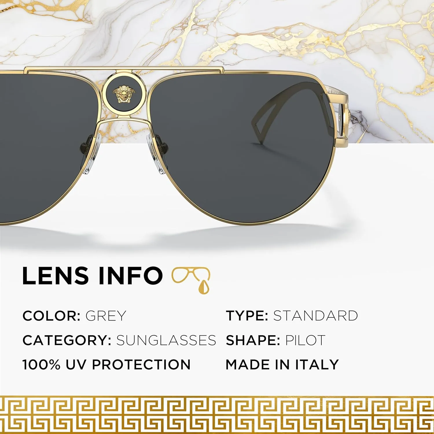 Versace VE2225 Non-Polarized Aviator Sunglasses for Men  Gold Metal Frame with Gold Temples, eShades Eyewear Kit Included