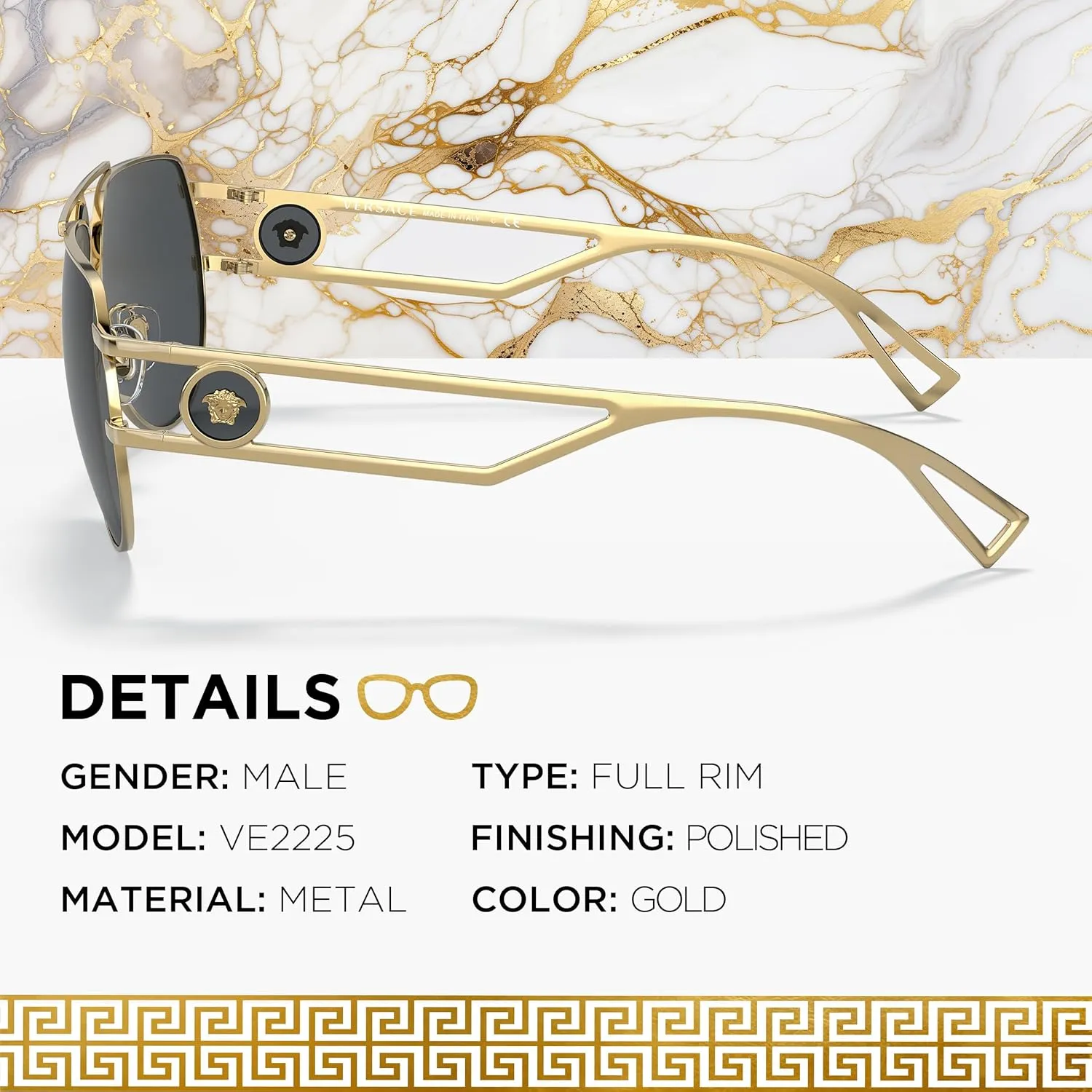Versace VE2225 Non-Polarized Aviator Sunglasses for Men  Gold Metal Frame with Gold Temples, eShades Eyewear Kit Included