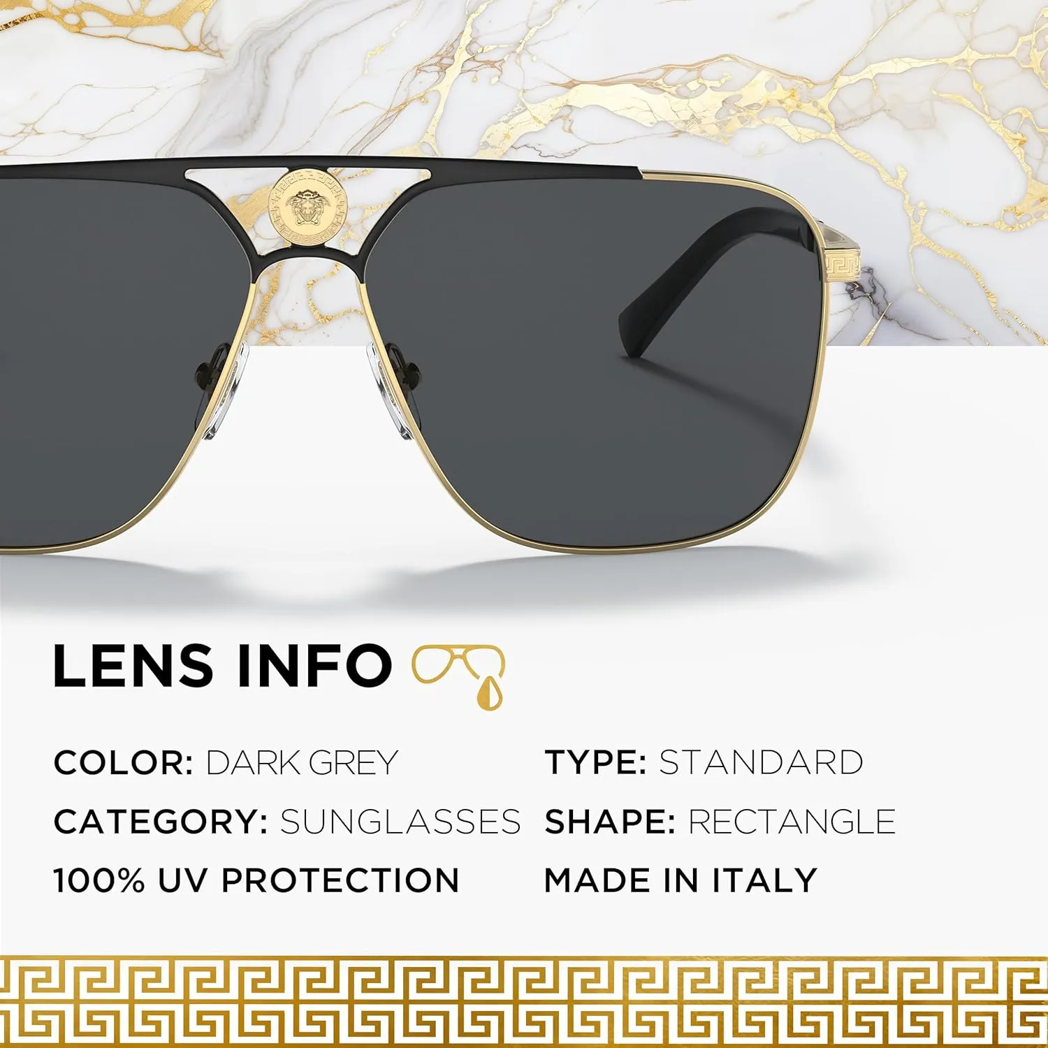 Versace VE2238 Non-Polarized Rectangle Sunglasses for Men, Gold & Black Frame with Gold Temples, eShades Eyewear Kit Included