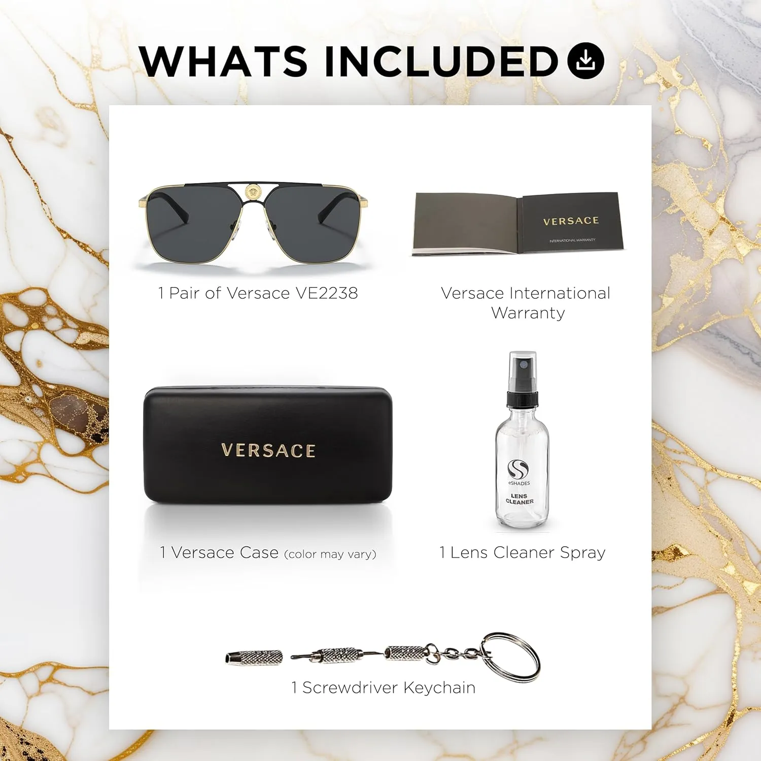 Versace VE2238 Non-Polarized Rectangle Sunglasses for Men, Gold & Black Frame with Gold Temples, eShades Eyewear Kit Included