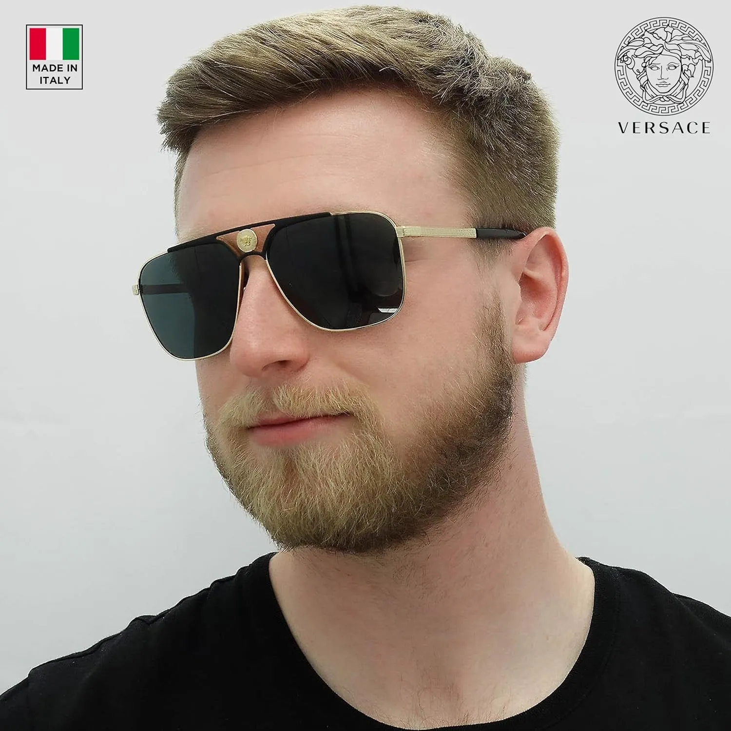 Versace VE2238 Non-Polarized Rectangle Sunglasses for Men, Gold & Black Frame with Gold Temples, eShades Eyewear Kit Included