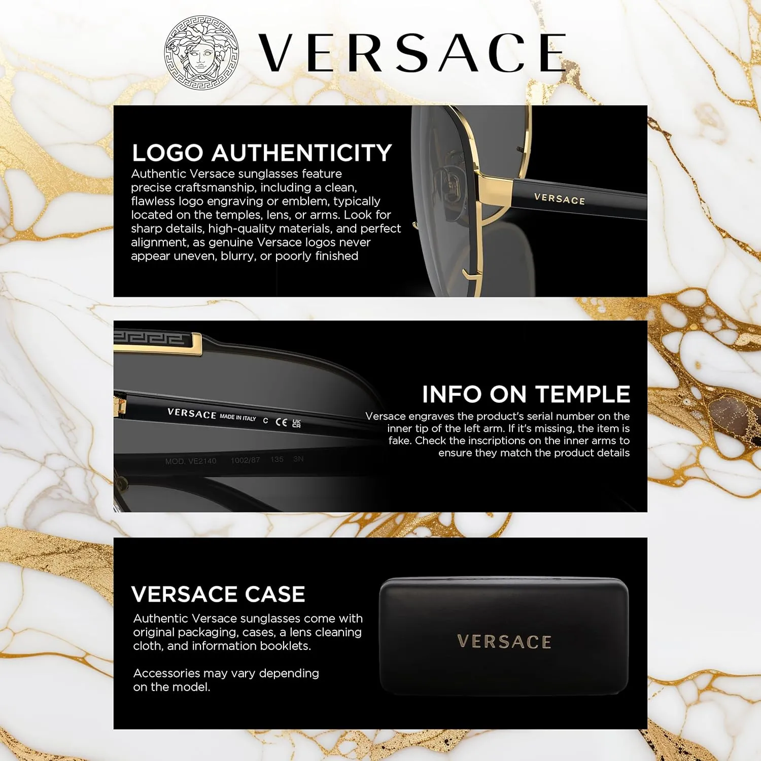Versace VE2238 Non-Polarized Rectangle Sunglasses for Men, Gold & Black Frame with Gold Temples, eShades Eyewear Kit Included