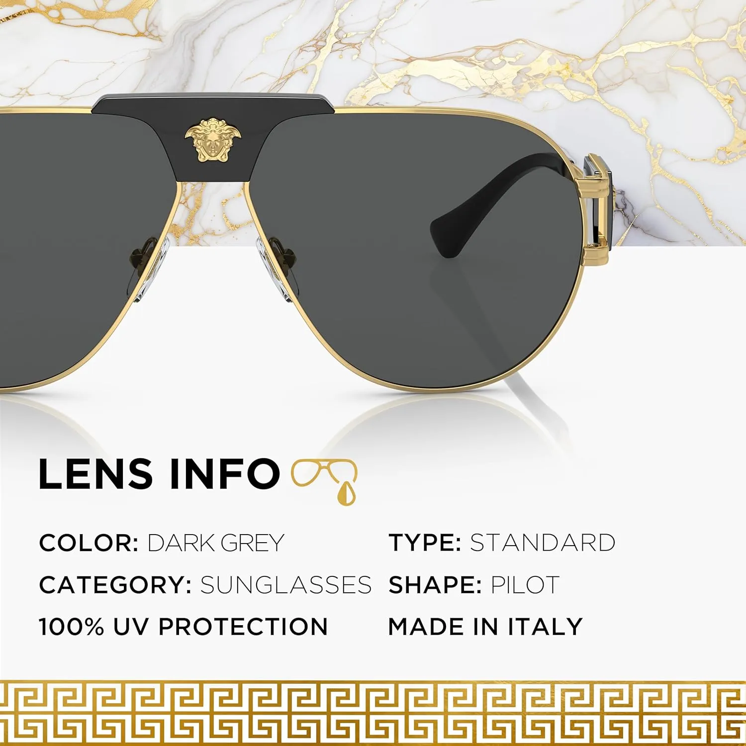 Versace VE2252 Non-Polarized Aviator Sunglasses for Men  Gold Metal Frame with Black Temples, eShades Eyewear Kit Included