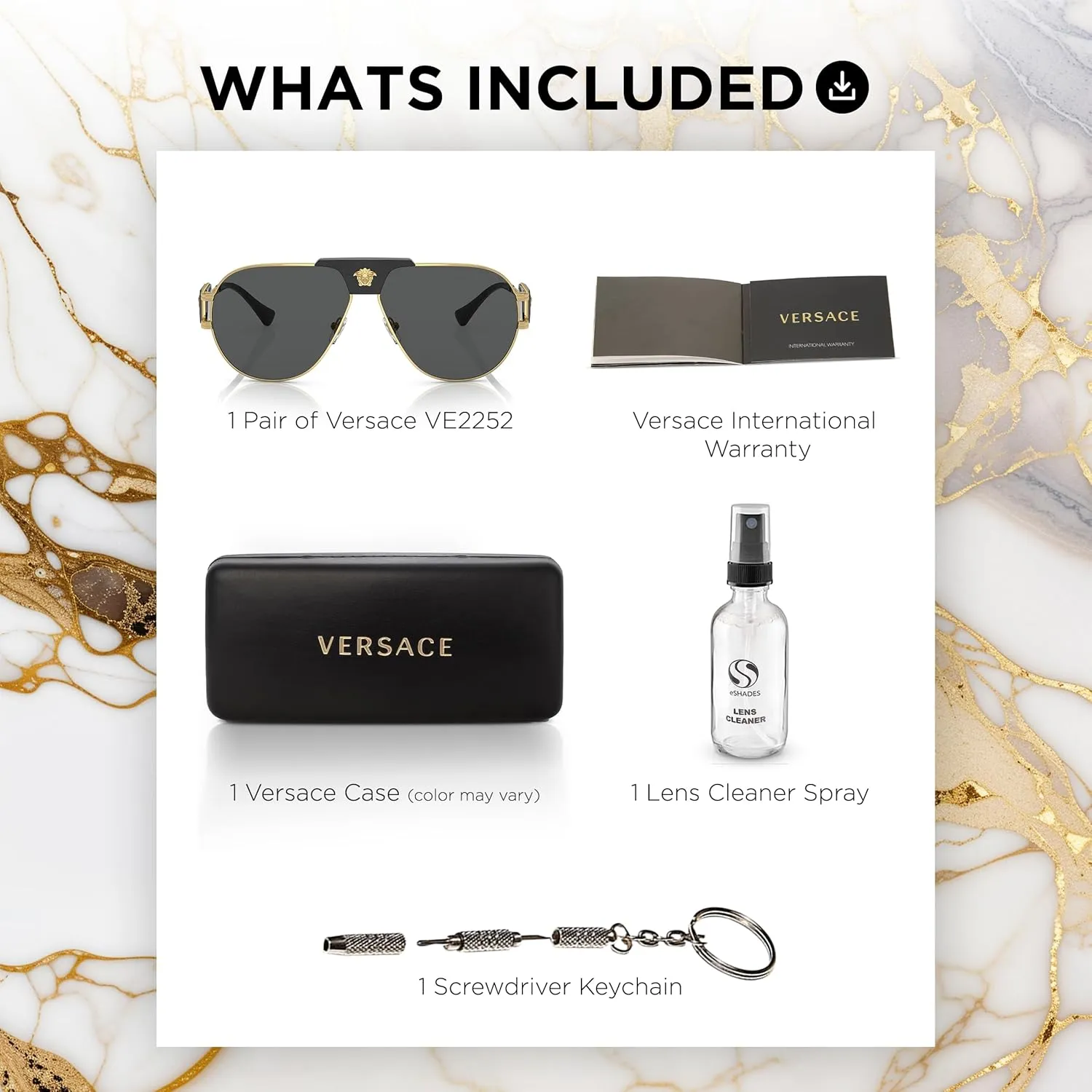Versace VE2252 Non-Polarized Aviator Sunglasses for Men  Gold Metal Frame with Black Temples, eShades Eyewear Kit Included