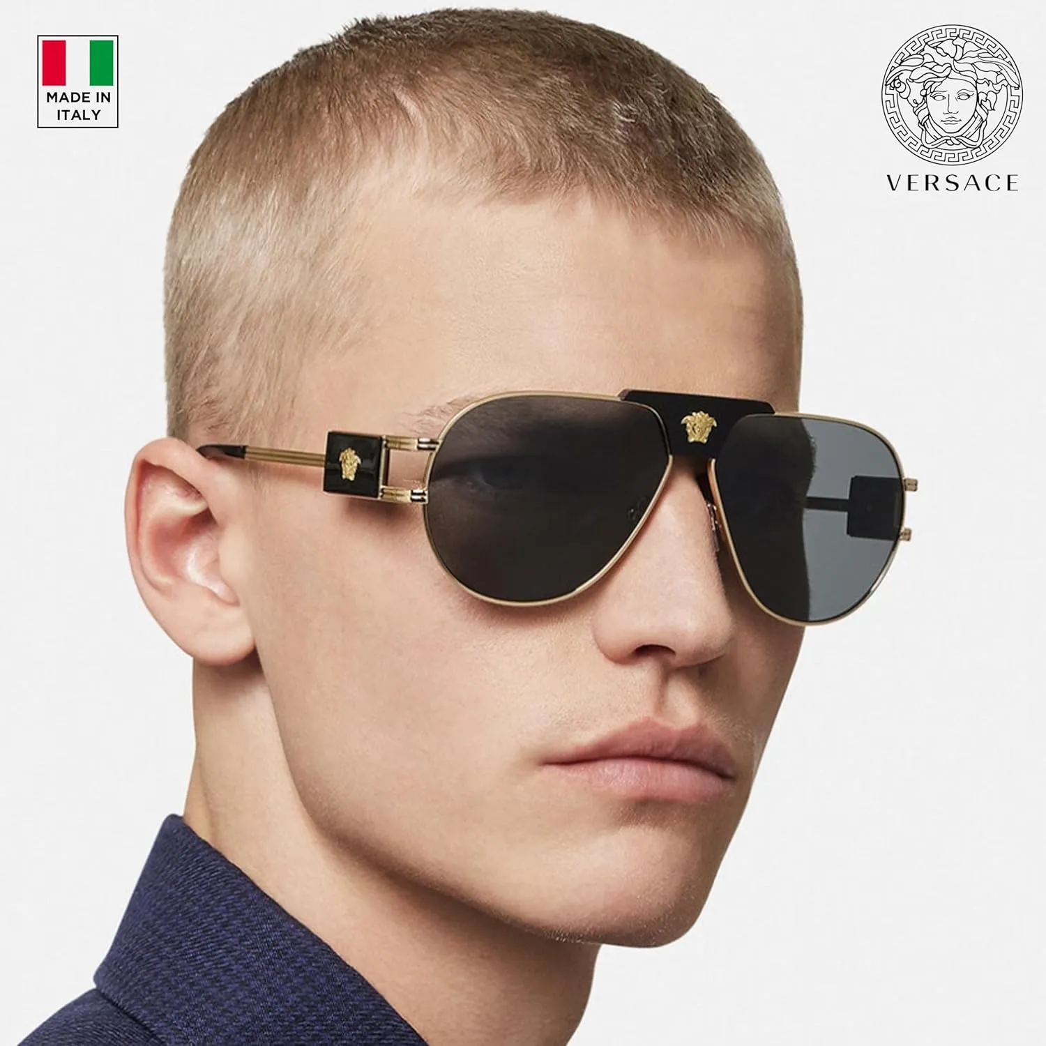 Versace VE2252 Non-Polarized Aviator Sunglasses for Men  Gold Metal Frame with Black Temples, eShades Eyewear Kit Included