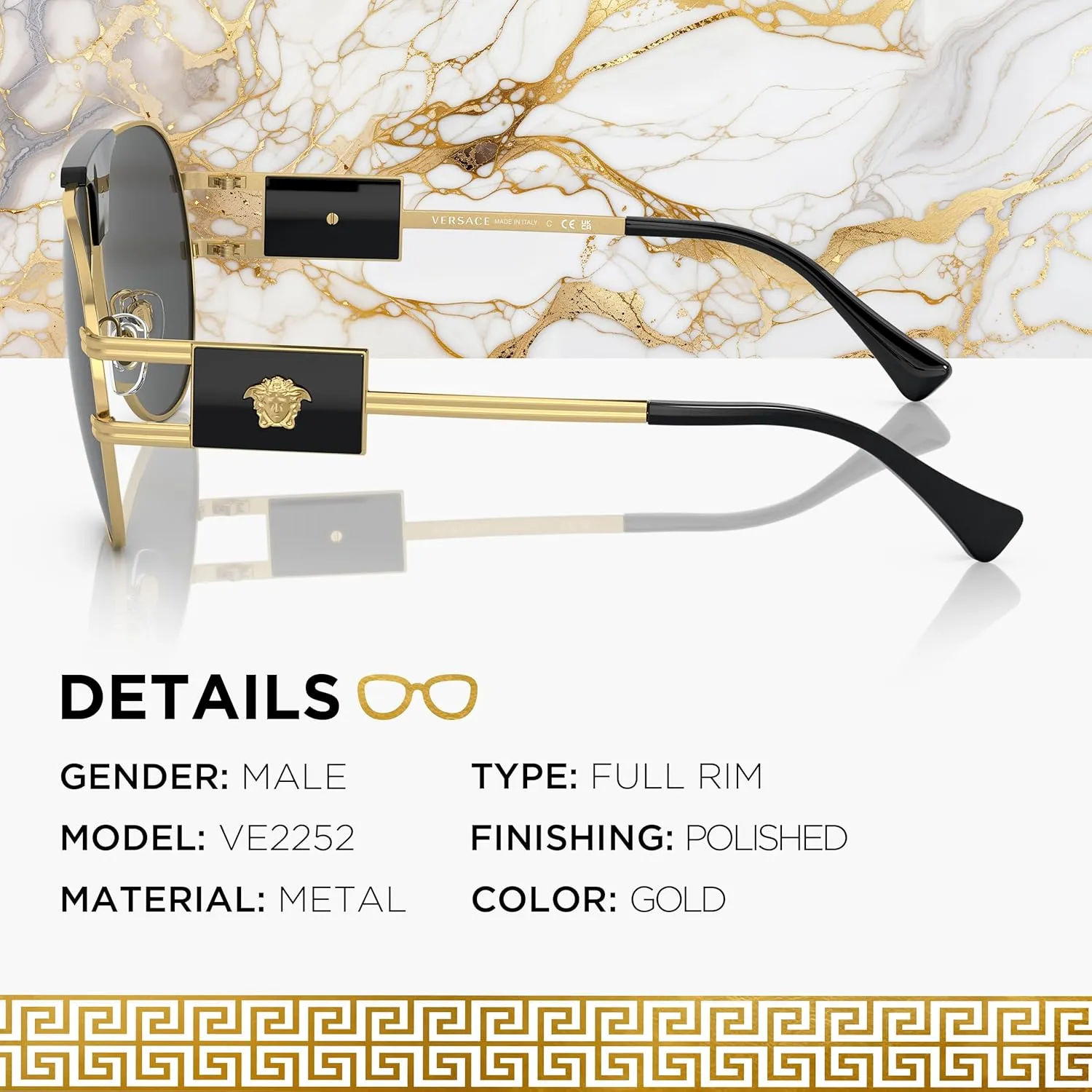 Versace VE2252 Non-Polarized Aviator Sunglasses for Men  Gold Metal Frame with Black Temples, eShades Eyewear Kit Included