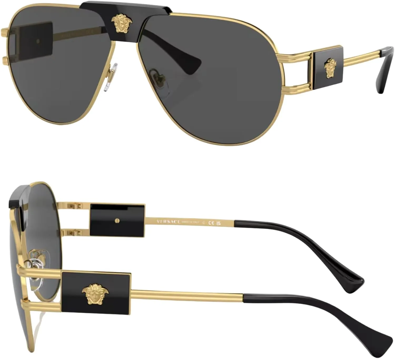 Versace VE2252 Non-Polarized Aviator Sunglasses for Men  Gold Metal Frame with Black Temples, eShades Eyewear Kit Included