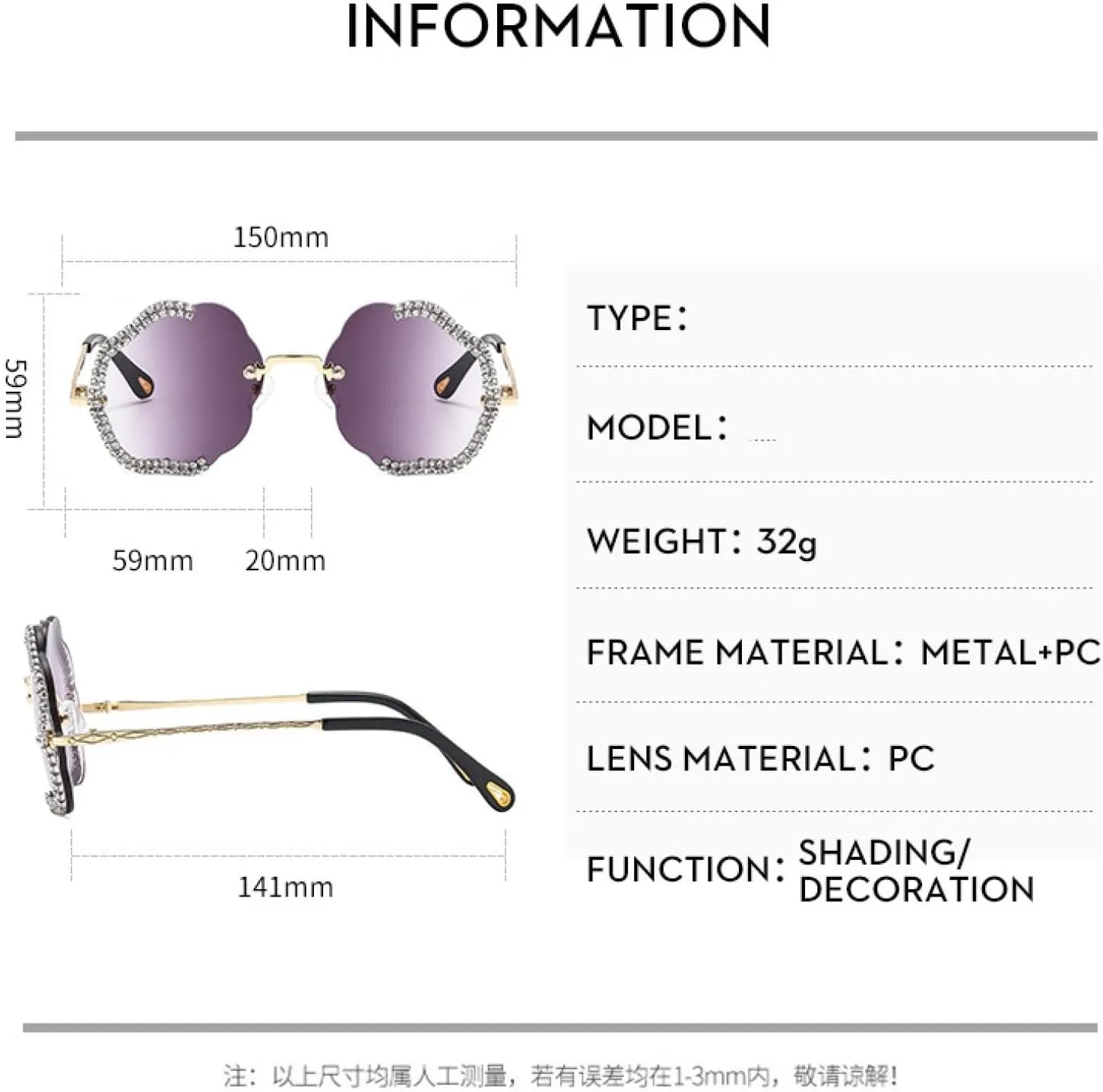 Vintage Fashion Rimless Imitation Diamond Men Women Sunglasses Fashion Trend Hip Hop Party Sun Glasses Uv400