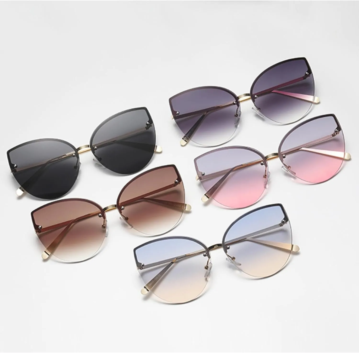 Vintage Gradient Cat Eye Rimless Sunglasses Metal Frames Shades Uv400 Sun Glasses for Women Uv400