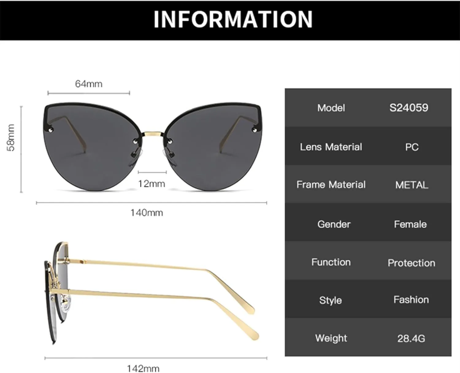Vintage Gradient Cat Eye Rimless Sunglasses Metal Frames Shades Uv400 Sun Glasses for Women Uv400