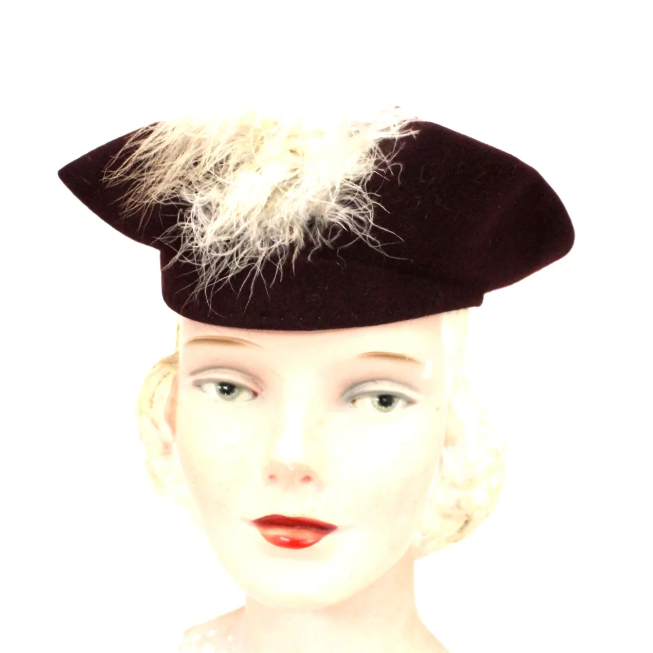 Vintage Womens Hat 1930s Sailor Style Maroon Felt Maribou Feather 22" Guernsey Pie