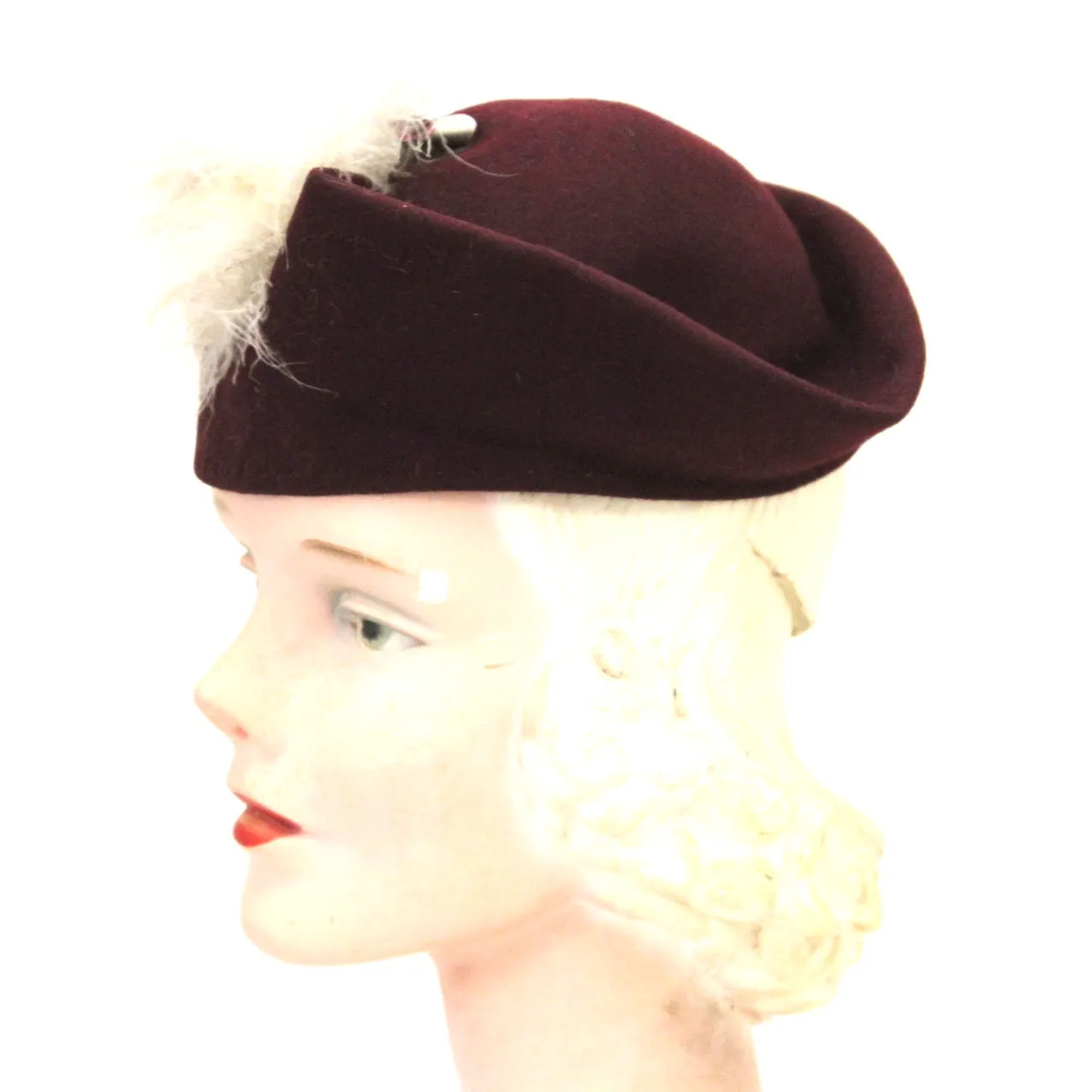 Vintage Womens Hat 1930s Sailor Style Maroon Felt Maribou Feather 22" Guernsey Pie