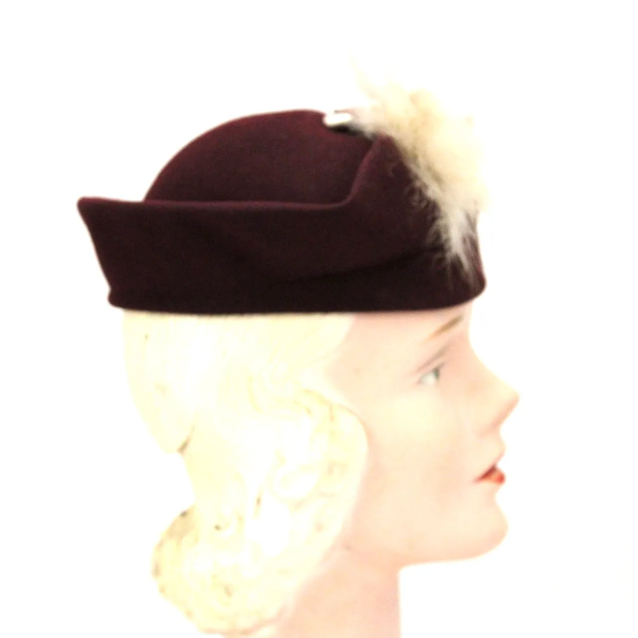 Vintage Womens Hat 1930s Sailor Style Maroon Felt Maribou Feather 22" Guernsey Pie