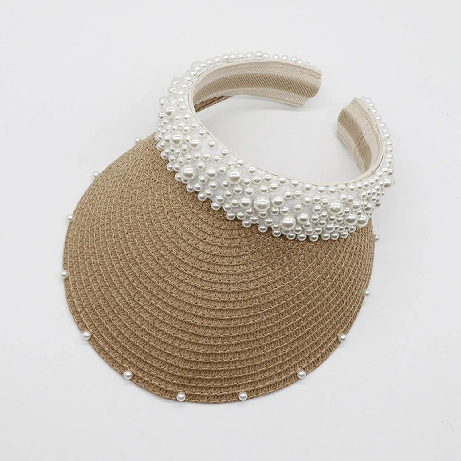 Wide Brim Pearls Stra Sun Hat for Women Foldable Stra Sun Visor Hats Adjustable Summer Beach Hat