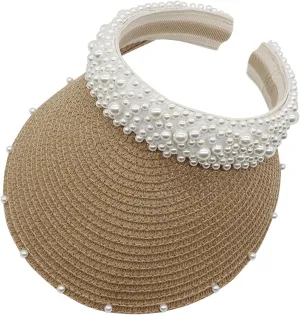 Wide Brim Pearls Stra Sun Hat for Women Foldable Stra Sun Visor Hats Adjustable Summer Beach Hat