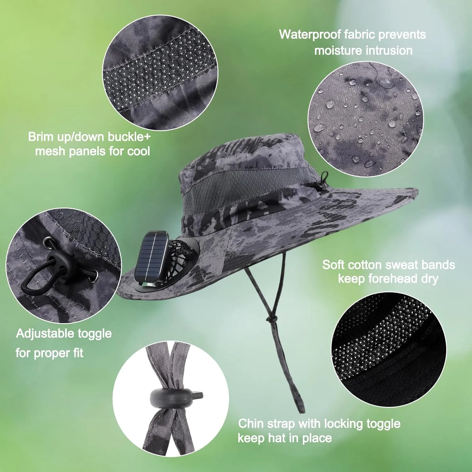 Wide Brim Solar Fan Outdoor Fishing Hat with 2 Solar Fan UPF 50  Sun Bucket Hat Waterproof Breathable Fishing Hat Bucket Hat
