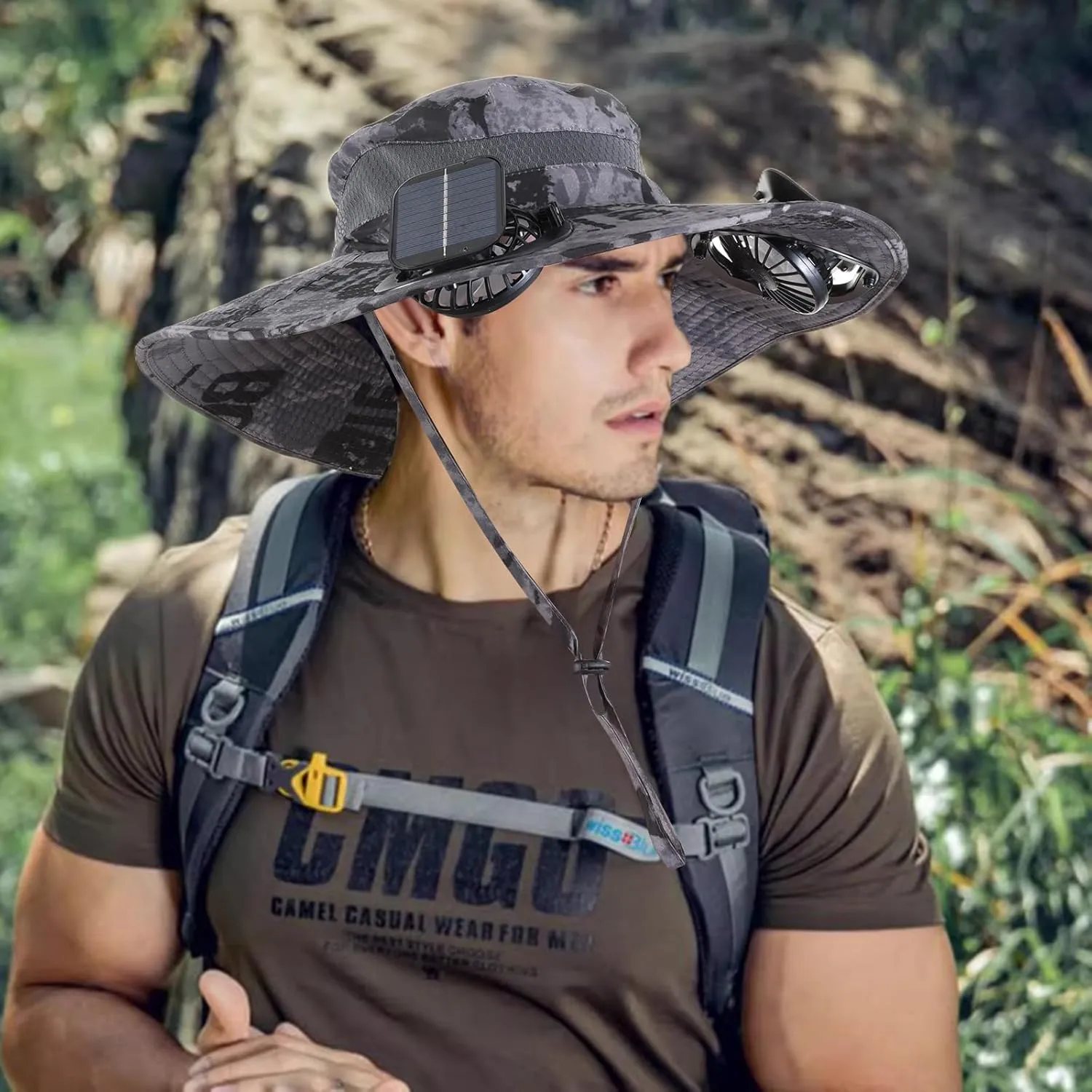 Wide Brim Solar Fan Outdoor Fishing Hat with 2 Solar Fan UPF 50  Sun Bucket Hat Waterproof Breathable Fishing Hat Bucket Hat