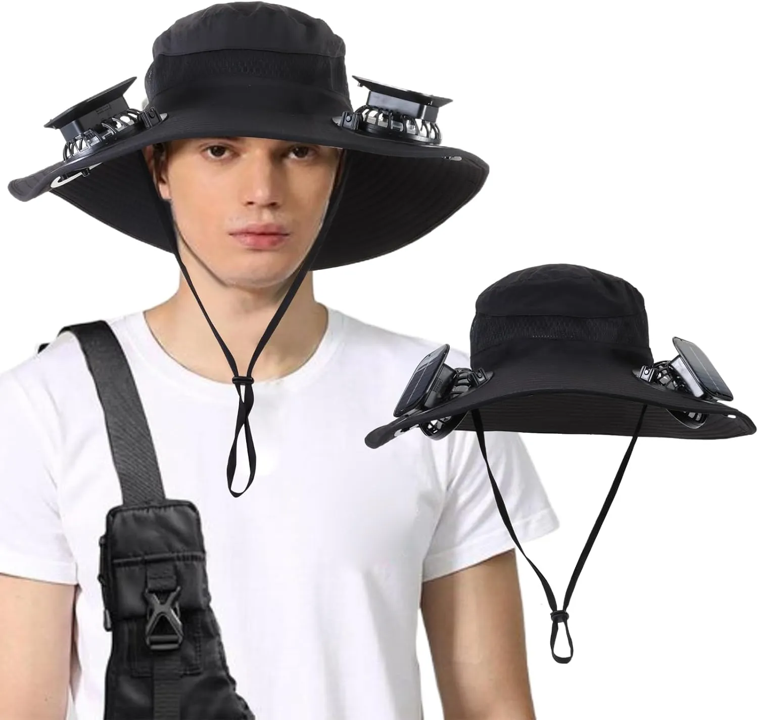 Wide Brim Solar Fan Outdoor Fishing Hat with 2 Solar Fan UPF 50  Sun Bucket Hat Waterproof Breathable Fishing Hat Bucket Hat