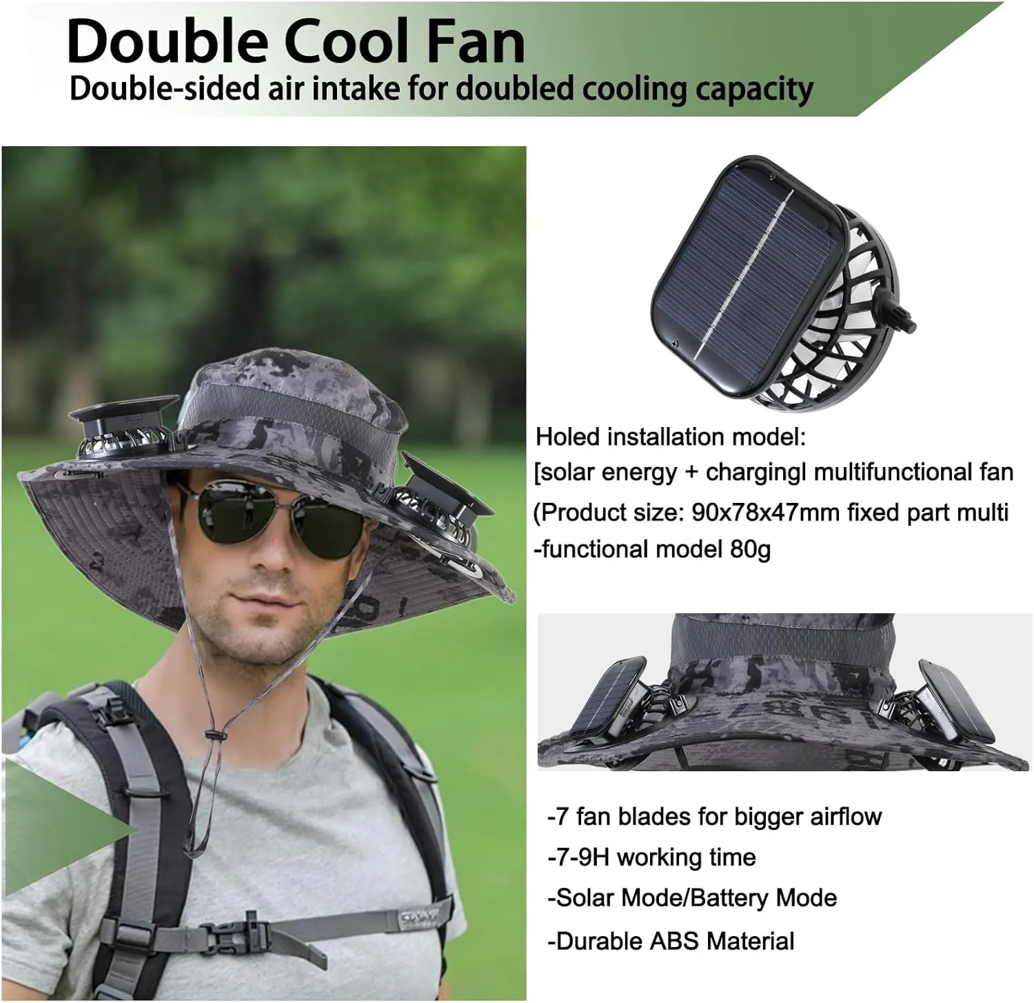 Wide Brim Solar Fan Outdoor Fishing Hat with 2 Solar Fan UPF 50  Sun Bucket Hat Waterproof Breathable Fishing Hat Bucket Hat