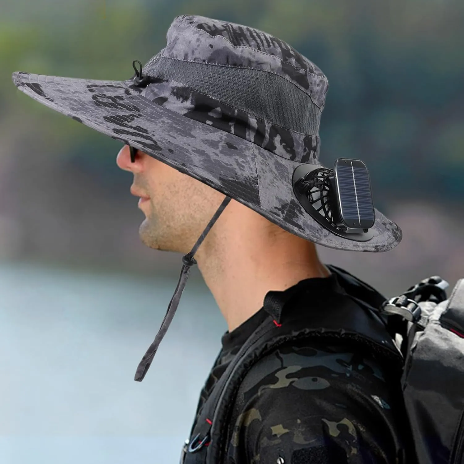 Wide Brim Solar Fan Outdoor Fishing Hat with 2 Solar Fan UPF 50  Sun Bucket Hat Waterproof Breathable Fishing Hat Bucket Hat