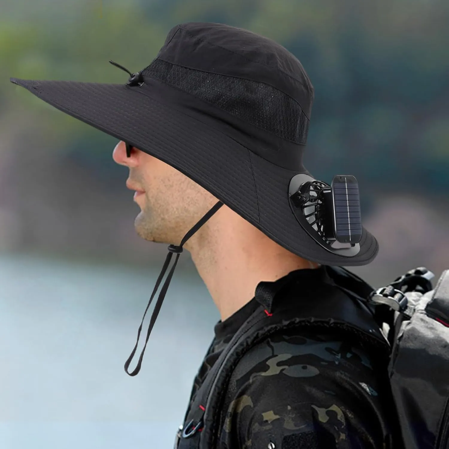 Wide Brim Solar Fan Outdoor Fishing Hat with 2 Solar Fan UPF 50  Sun Bucket Hat Waterproof Breathable Fishing Hat Bucket Hat