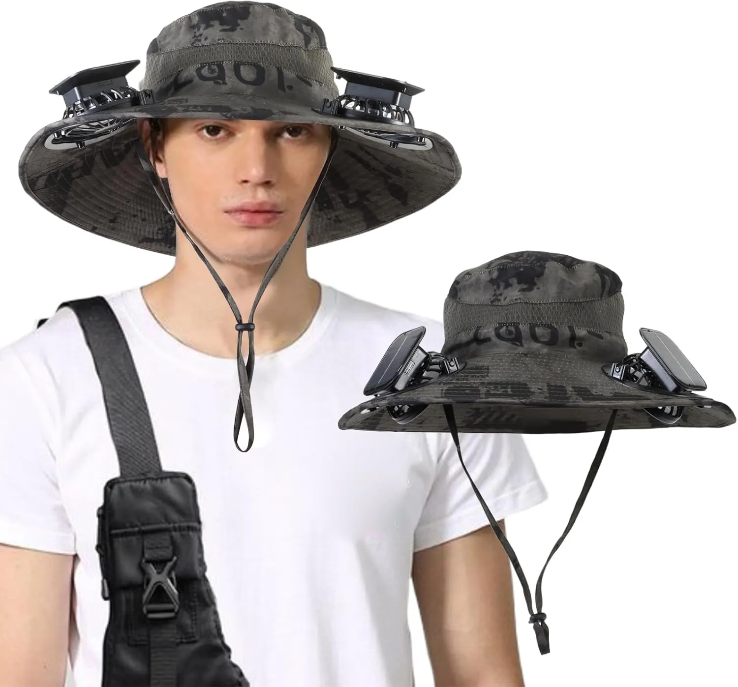 Wide Brim Solar Fan Outdoor Fishing Hat with 2 Solar Fan UPF 50  Sun Bucket Hat Waterproof Breathable Fishing Hat Bucket Hat