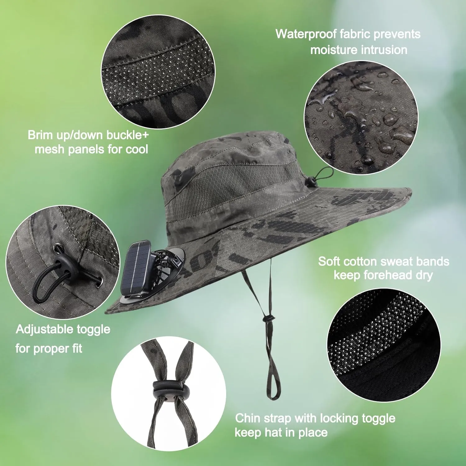 Wide Brim Solar Fan Outdoor Fishing Hat with 2 Solar Fan UPF 50  Sun Bucket Hat Waterproof Breathable Fishing Hat Bucket Hat