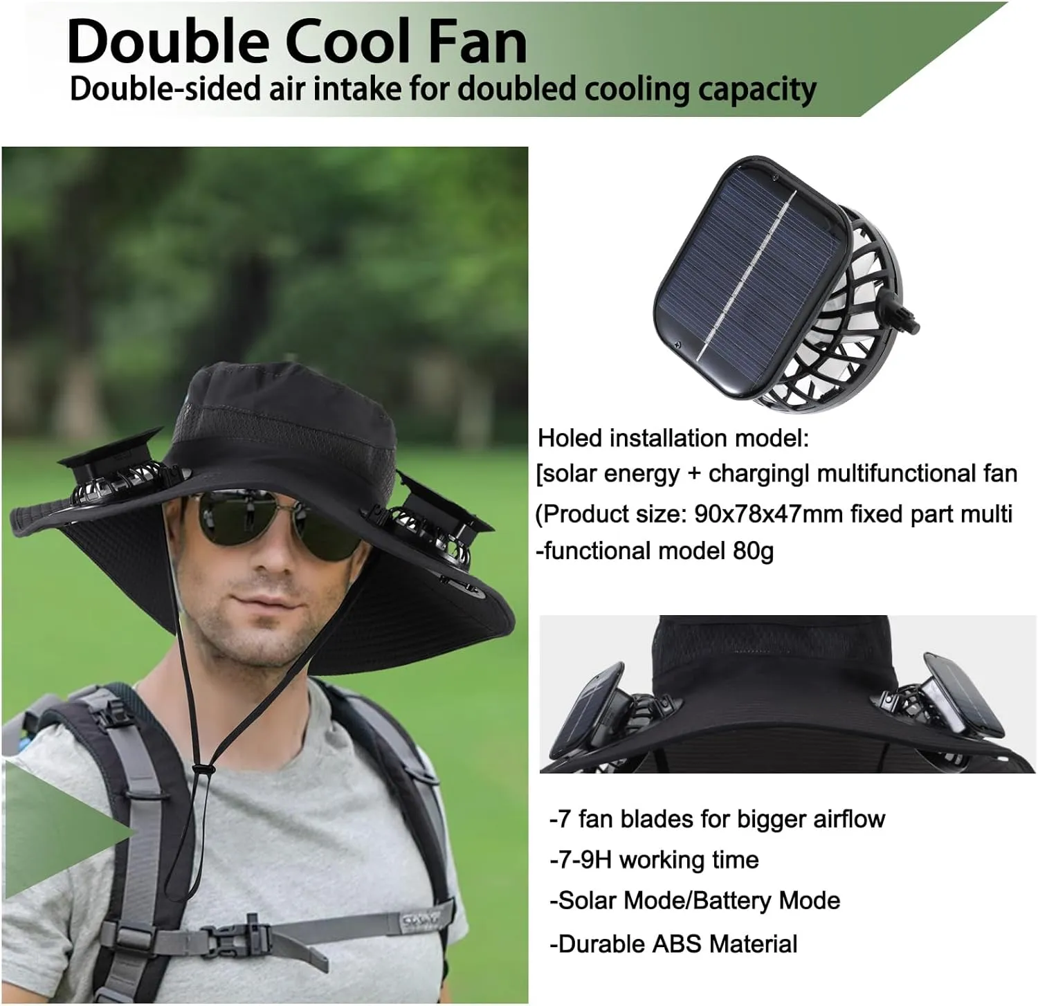 Wide Brim Solar Fan Outdoor Fishing Hat with 2 Solar Fan UPF 50  Sun Bucket Hat Waterproof Breathable Fishing Hat Bucket Hat