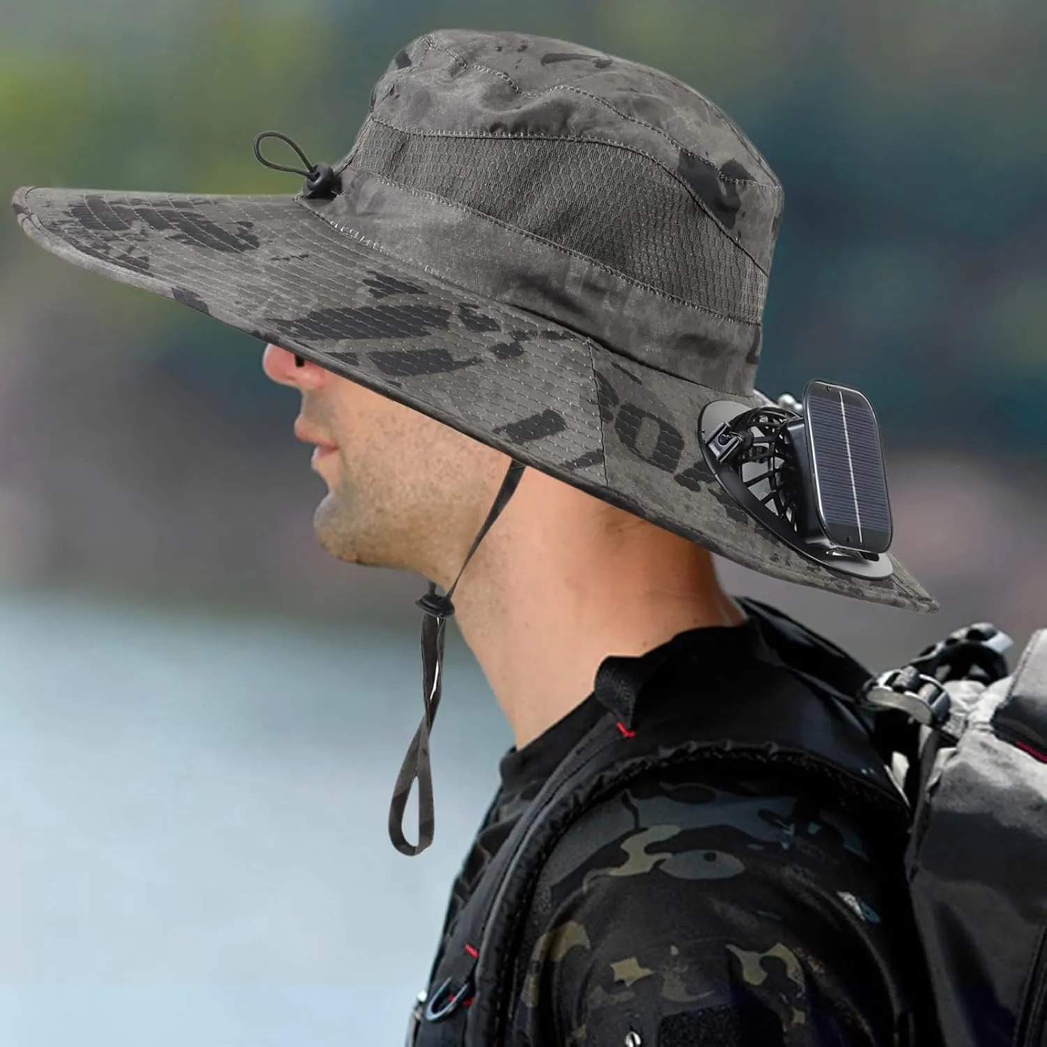 Wide Brim Solar Fan Outdoor Fishing Hat with 2 Solar Fan UPF 50  Sun Bucket Hat Waterproof Breathable Fishing Hat Bucket Hat