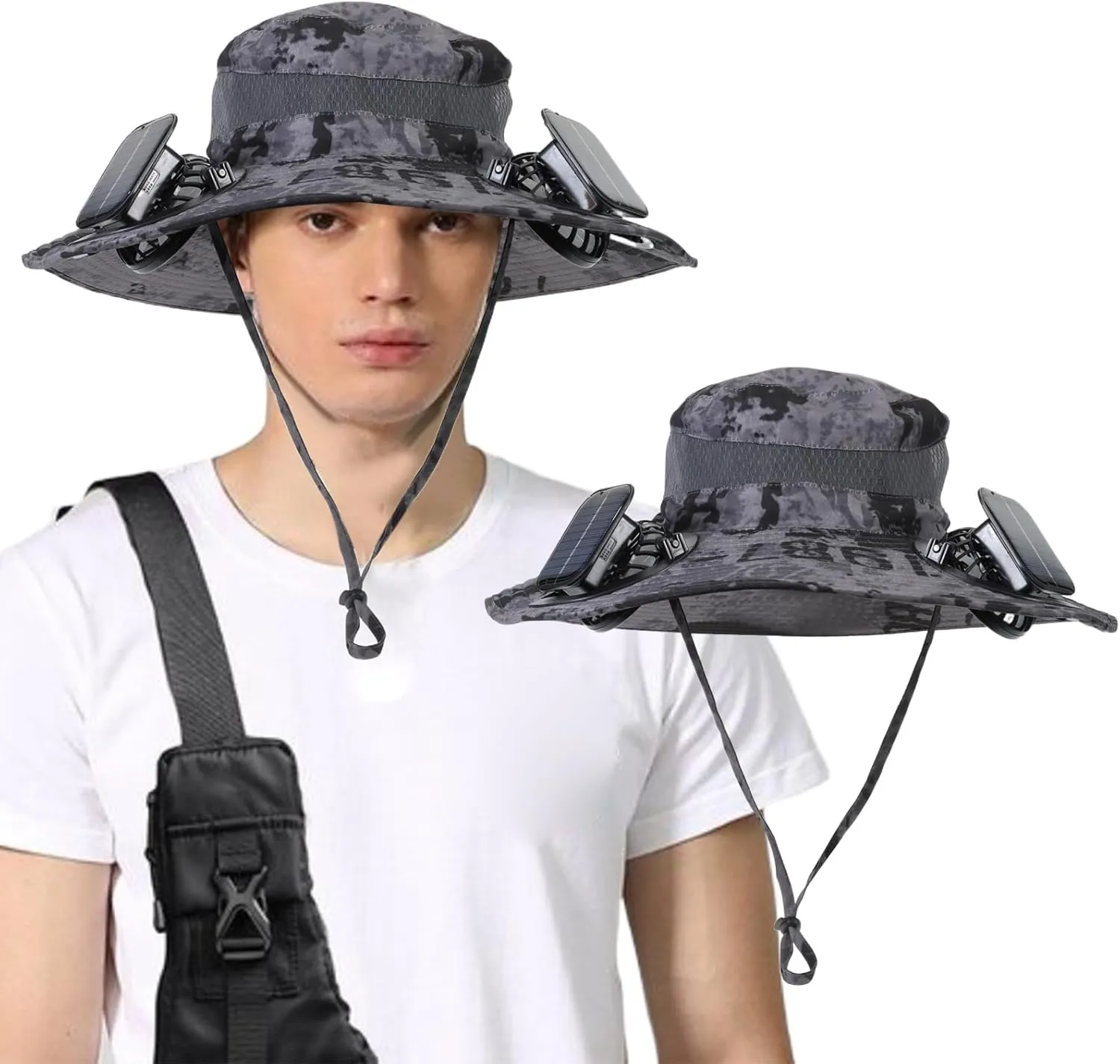 Wide Brim Solar Fan Outdoor Fishing Hat with 2 Solar Fan UPF 50  Sun Bucket Hat Waterproof Breathable Fishing Hat Bucket Hat