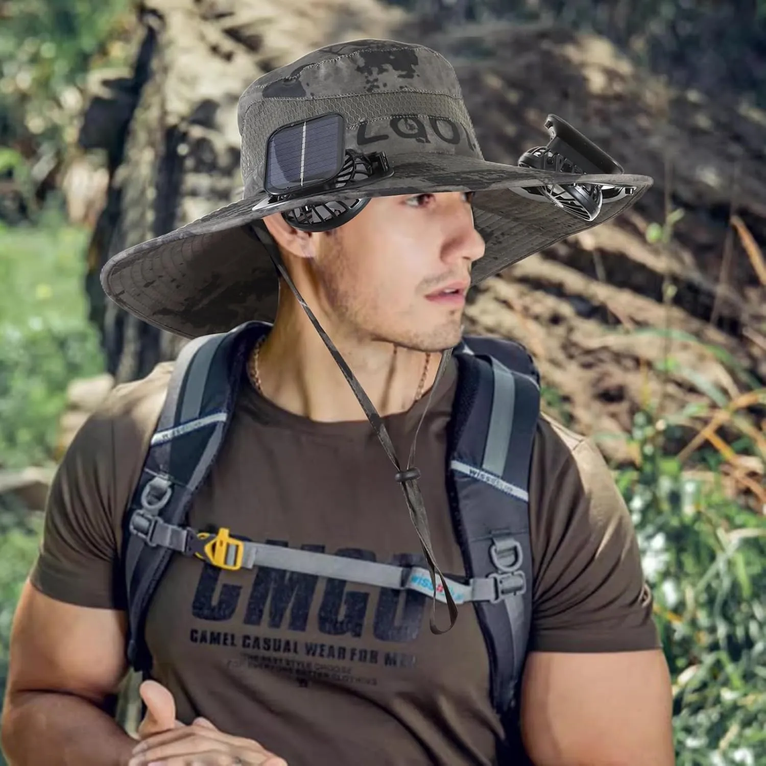 Wide Brim Solar Fan Outdoor Fishing Hat with 2 Solar Fan UPF 50  Sun Bucket Hat Waterproof Breathable Fishing Hat Bucket Hat