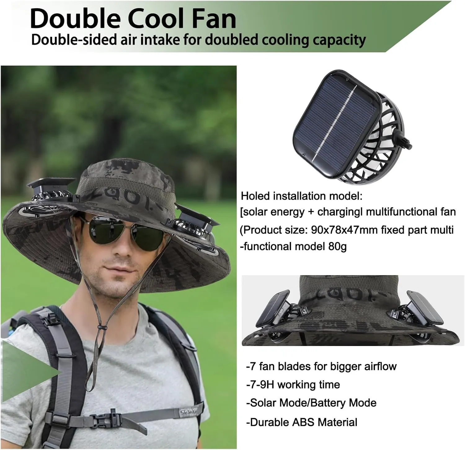 Wide Brim Solar Fan Outdoor Fishing Hat with 2 Solar Fan UPF 50  Sun Bucket Hat Waterproof Breathable Fishing Hat Bucket Hat