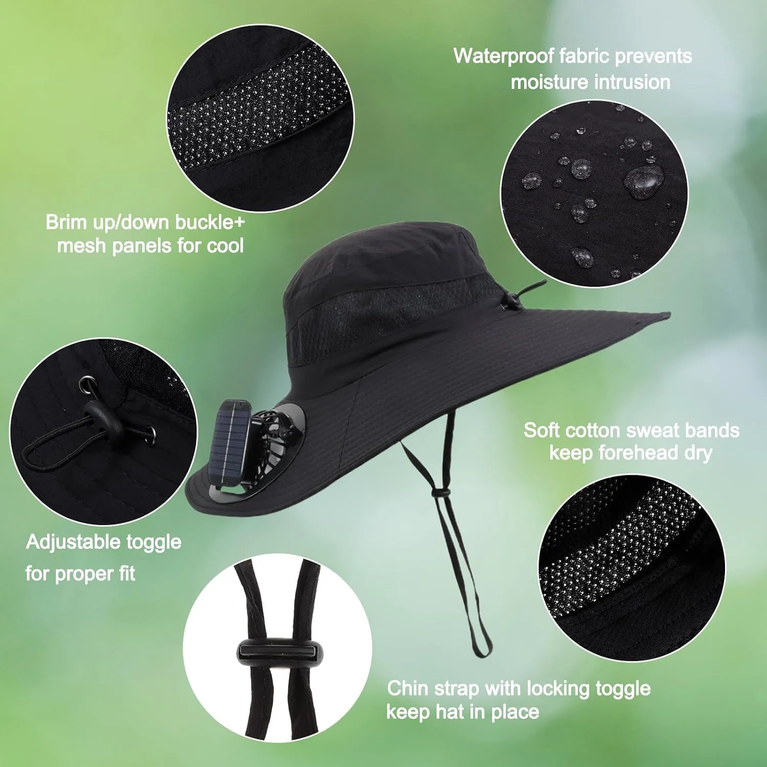 Wide Brim Solar Fan Outdoor Fishing Hat with 2 Solar Fan UPF 50  Sun Bucket Hat Waterproof Breathable Fishing Hat Bucket Hat