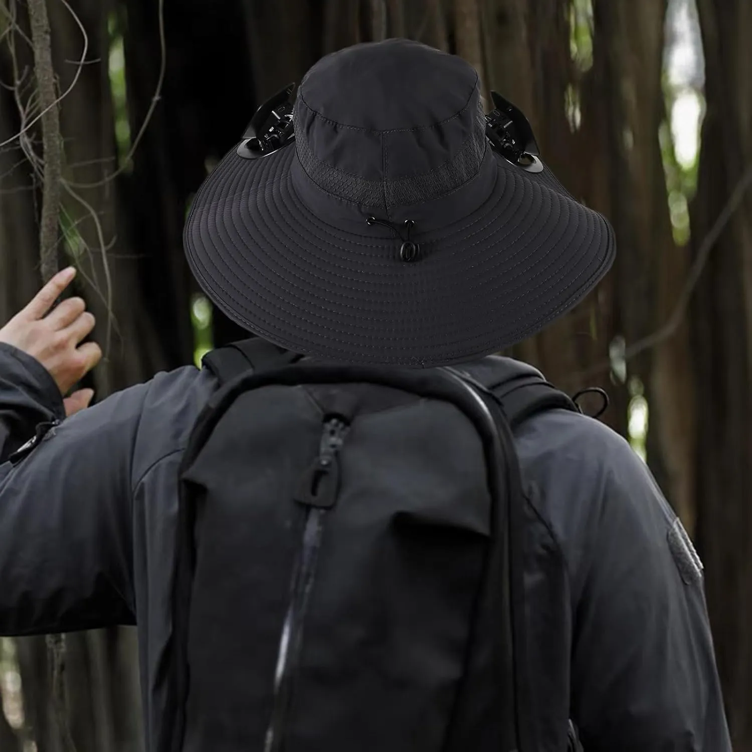 Wide Brim Solar Fan Outdoor Fishing Hat with 2 Solar Fan UPF 50  Sun Bucket Hat Waterproof Breathable Fishing Hat Bucket Hat