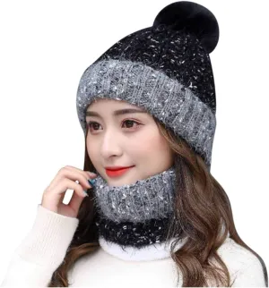 Winter Beanie Hat Scarf Warm Lined Knit Skull Cap Neck Warmer Set - Faux Fuzzy Fur Pom Pom Beanies for Women (Black, Free Size)
