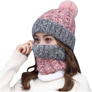 Winter Beanie Hat Scarf Warm Lined Knit Skull Cap Neck Warmer Set - Faux Fuzzy Fur Pom Pom Beanies for Women (Pink, Free Size)
