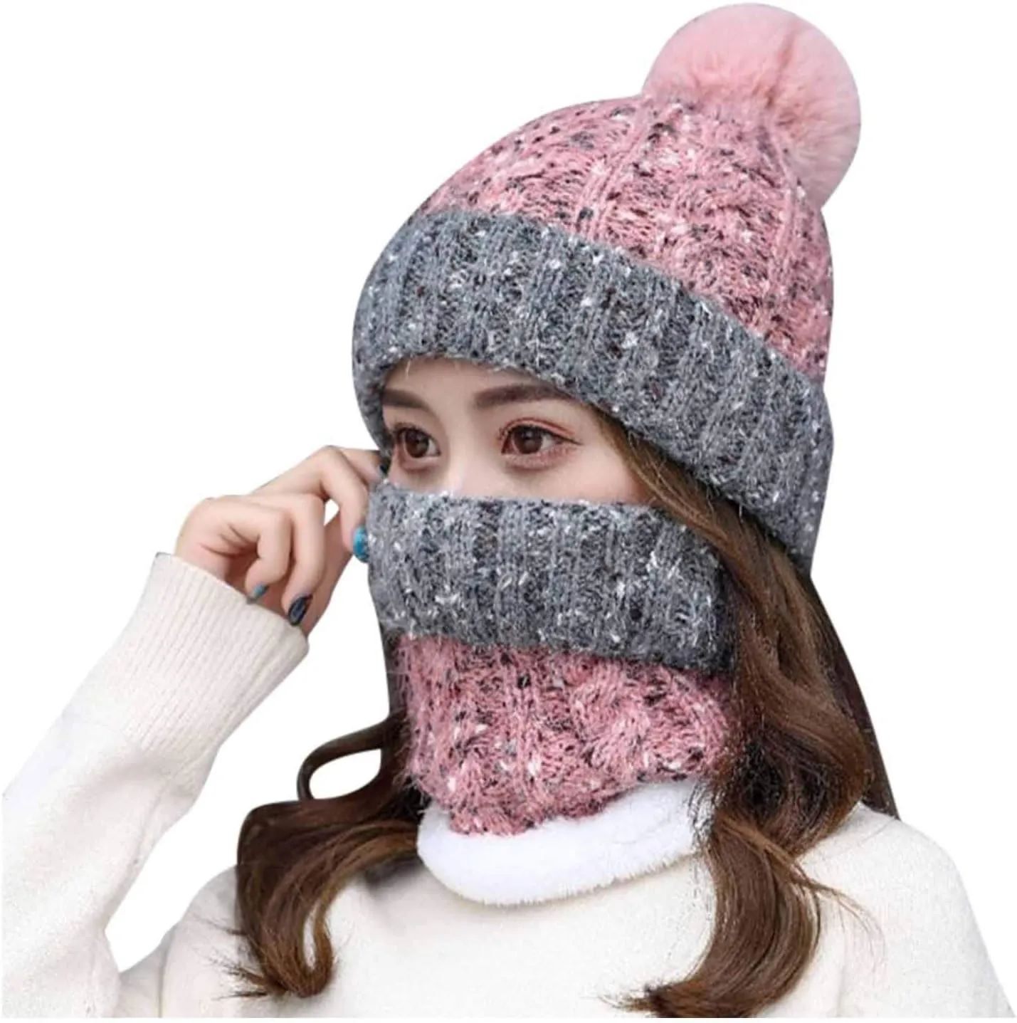 Winter Beanie Hat Scarf Warm Lined Knit Skull Cap Neck Warmer Set - Faux Fuzzy Fur Pom Pom Beanies for Women (Pink, Free Size)