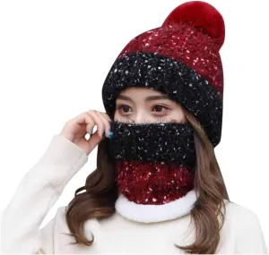 Winter Beanie Hat Scarf Warm Lined Knit Skull Cap Neck Warmer Set - Faux Fuzzy Fur Pom Pom Beanies for Women (Red, Free Size)