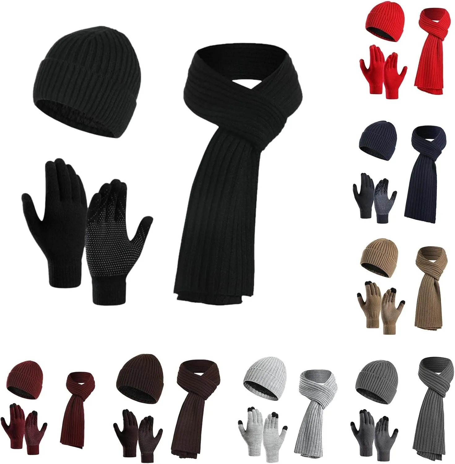 Winter Hat Scarf Gloves Set for Women,Hoodie Pom Pom Beanie Hat Knit Long Scarf Touchscreen Gloves Winter Gifts