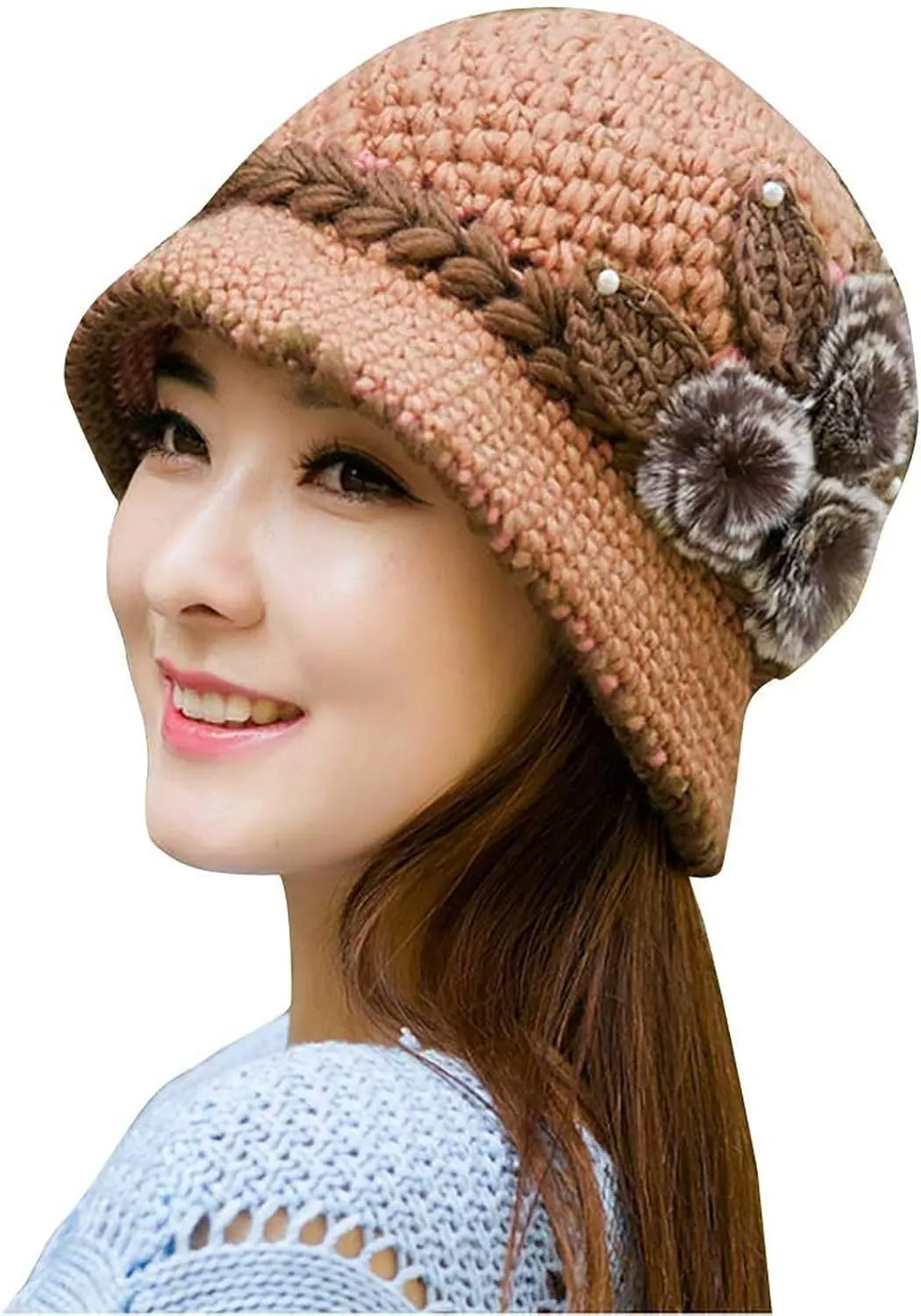 Winter Hats for Women with Ear Flaps Oversized Comfy Thermal Warm Cable Ribbed Knit Hat Pom Pom Visor Beanie Cap