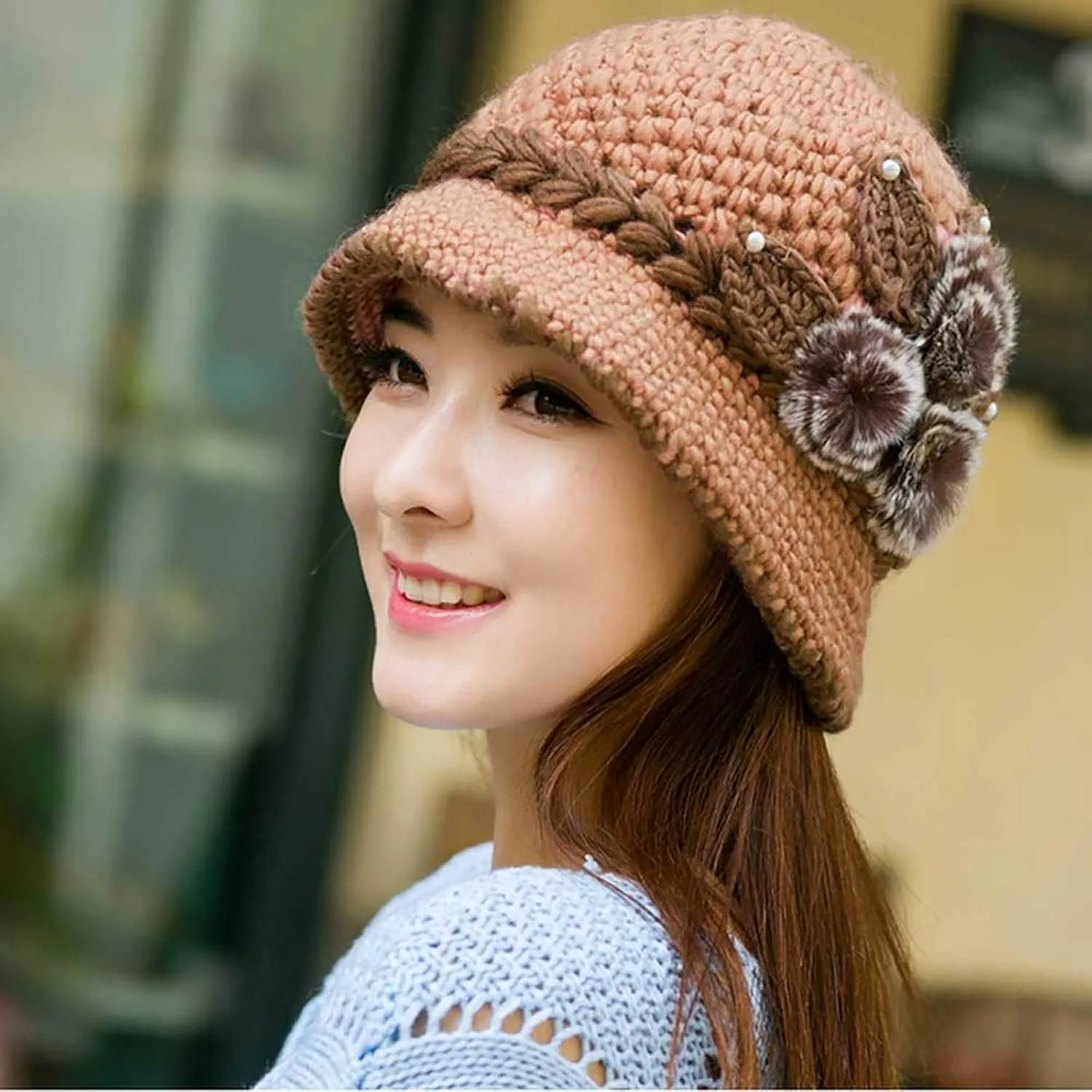Winter Hats for Women with Ear Flaps Oversized Comfy Thermal Warm Cable Ribbed Knit Hat Pom Pom Visor Beanie Cap